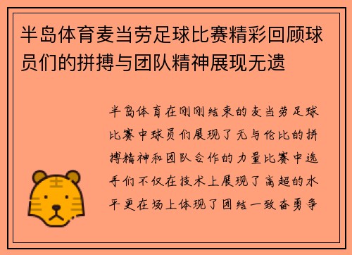 半岛体育麦当劳足球比赛精彩回顾球员们的拼搏与团队精神展现无遗