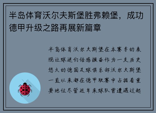 半岛体育沃尔夫斯堡胜弗赖堡，成功德甲升级之路再展新篇章