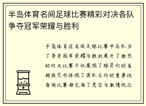 半岛体育名间足球比赛精彩对决各队争夺冠军荣耀与胜利