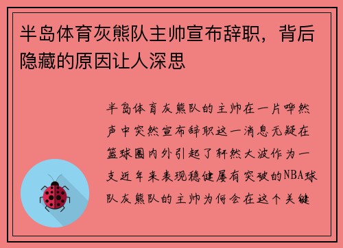 半岛体育灰熊队主帅宣布辞职，背后隐藏的原因让人深思