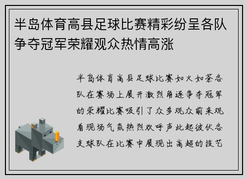 半岛体育高县足球比赛精彩纷呈各队争夺冠军荣耀观众热情高涨