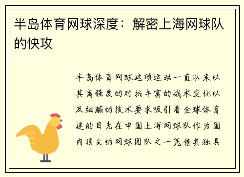 半岛体育网球深度：解密上海网球队的快攻