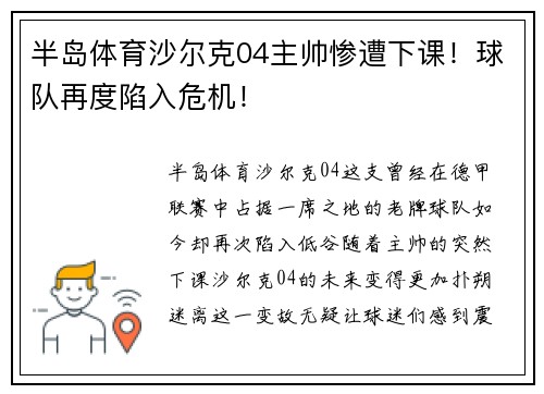 半岛体育沙尔克04主帅惨遭下课！球队再度陷入危机！