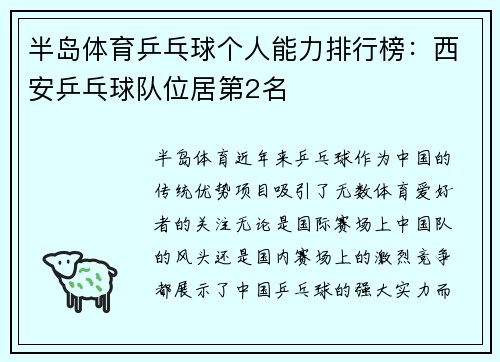 半岛体育乒乓球个人能力排行榜：西安乒乓球队位居第2名