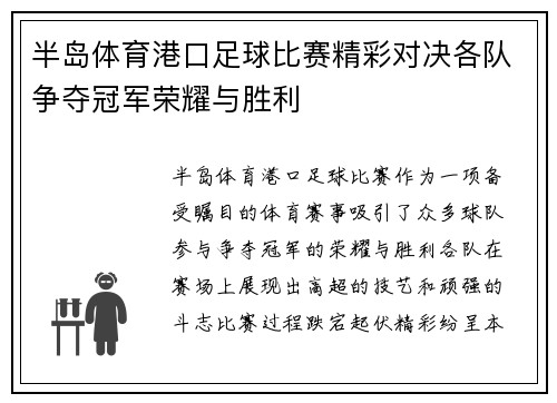 半岛体育港口足球比赛精彩对决各队争夺冠军荣耀与胜利